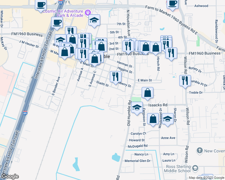 map of restaurants, bars, coffee shops, grocery stores, and more near 708 Staitti Street in Humble