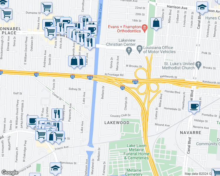 map of restaurants, bars, coffee shops, grocery stores, and more near 5674 Evelyn Court in New Orleans