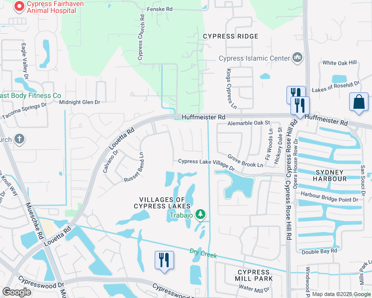 map of restaurants, bars, coffee shops, grocery stores, and more near 18630 Cypress Lake Village Drive in Cypress