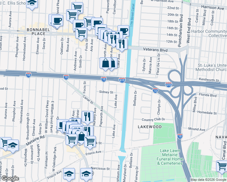 map of restaurants, bars, coffee shops, grocery stores, and more near 545 Carrollton Avenue in Metairie