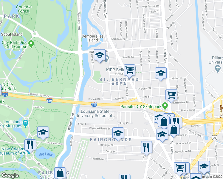 map of restaurants, bars, coffee shops, grocery stores, and more near 3618 Buchanan Street in New Orleans