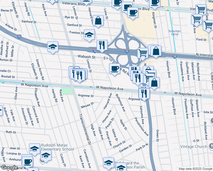 map of restaurants, bars, coffee shops, grocery stores, and more near 4812 West Napoleon Avenue in Metairie