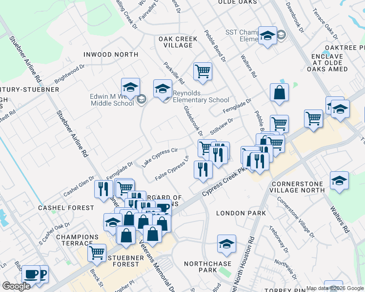map of restaurants, bars, coffee shops, grocery stores, and more near 4031 Lake Cypress Circle in Houston