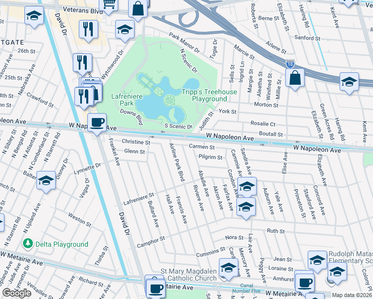 map of restaurants, bars, coffee shops, grocery stores, and more near 2100 Riviere Avenue in Metairie