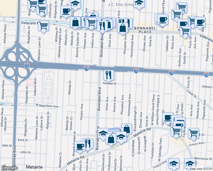 map of restaurants, bars, coffee shops, grocery stores, and more near 452 Orion Avenue in Metairie
