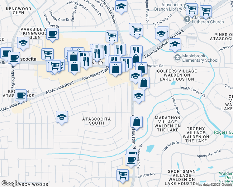 map of restaurants, bars, coffee shops, grocery stores, and more near 19018 Sandia Pines Drive in Humble