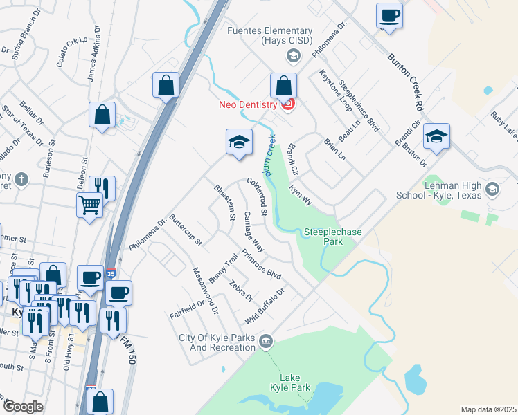 map of restaurants, bars, coffee shops, grocery stores, and more near 636 Goldenrod Street in Kyle