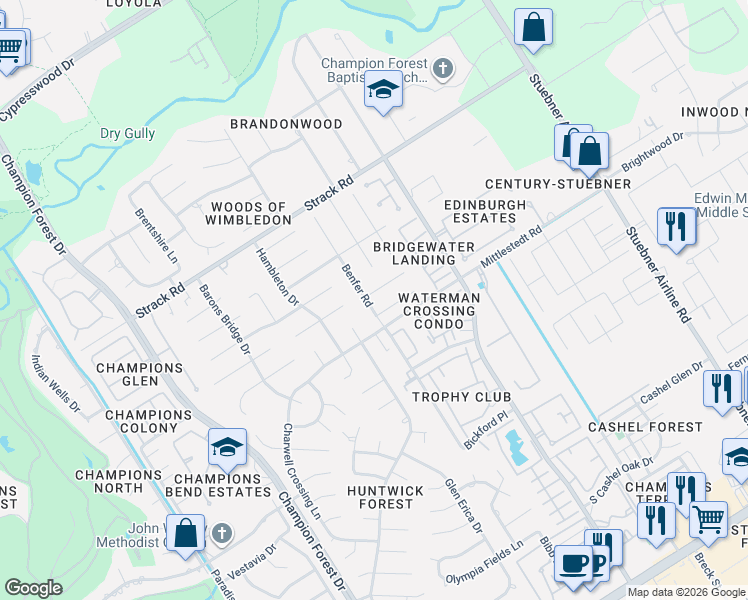 map of restaurants, bars, coffee shops, grocery stores, and more near 13814 Balmore Circle in Houston