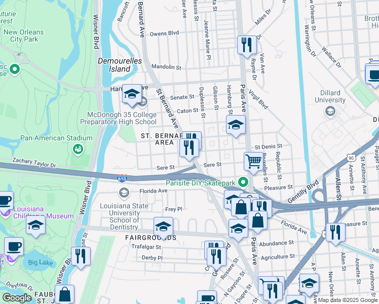 map of restaurants, bars, coffee shops, grocery stores, and more near 1463 Saint Denis Street in New Orleans