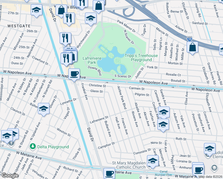 map of restaurants, bars, coffee shops, grocery stores, and more near 2136 Airline Park Boulevard in Metairie