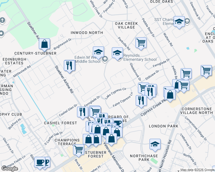 map of restaurants, bars, coffee shops, grocery stores, and more near 14331 Cypress Cascade Lane in Houston