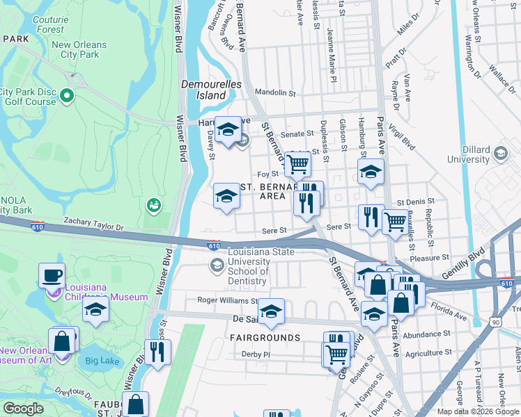 map of restaurants, bars, coffee shops, grocery stores, and more near 1268 Milton Street in New Orleans