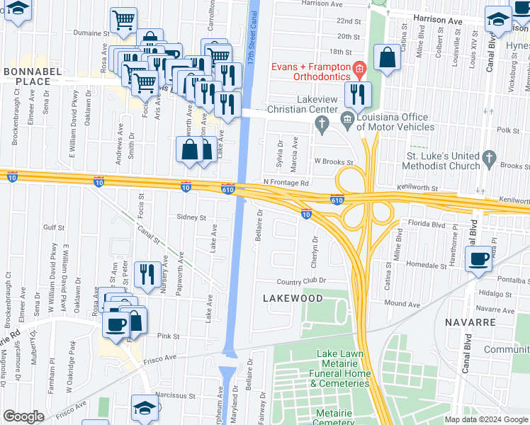map of restaurants, bars, coffee shops, grocery stores, and more near 5674 Evelyn Court in New Orleans