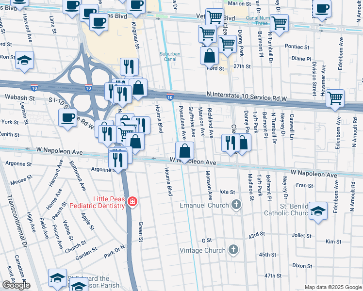map of restaurants, bars, coffee shops, grocery stores, and more near 2401 Houma Boulevard in Metairie