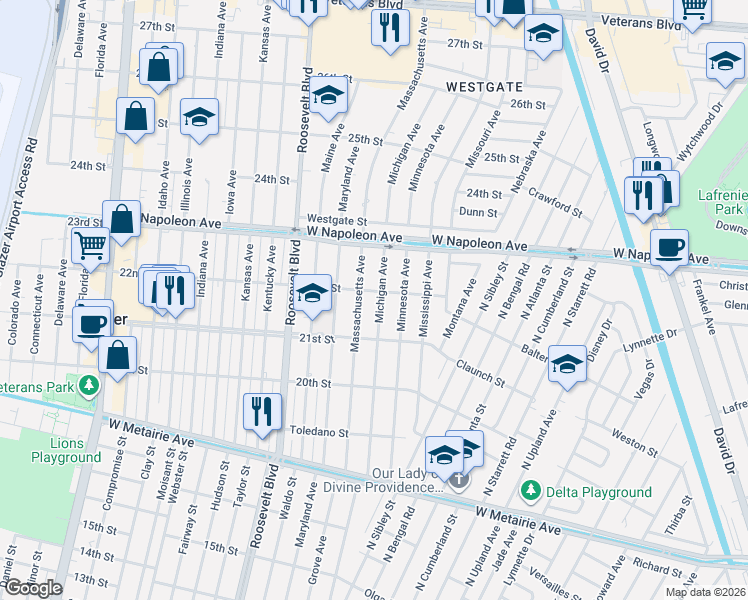 map of restaurants, bars, coffee shops, grocery stores, and more near 1904 Michigan Avenue in Kenner