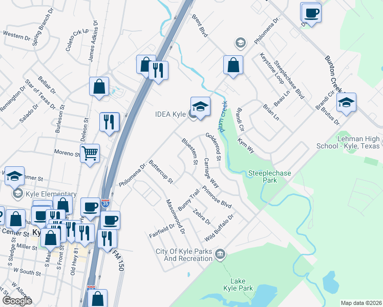 map of restaurants, bars, coffee shops, grocery stores, and more near 220 Bluestem Street in Kyle