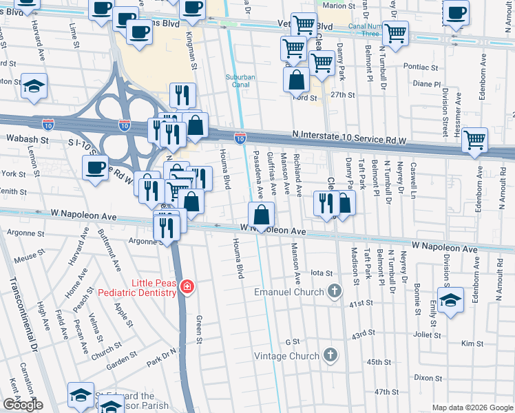 map of restaurants, bars, coffee shops, grocery stores, and more near 2401 Houma Boulevard in Metairie