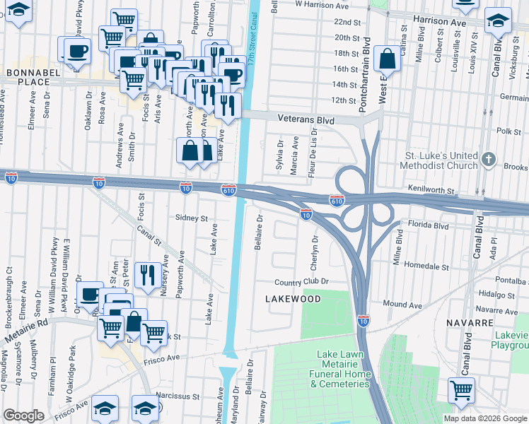 map of restaurants, bars, coffee shops, grocery stores, and more near 5674 Evelyn Court in New Orleans