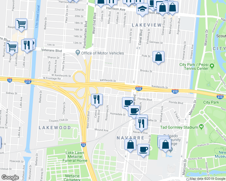 map of restaurants, bars, coffee shops, grocery stores, and more near 5730 Rosemary Place in New Orleans