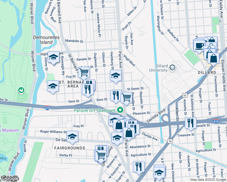 map of restaurants, bars, coffee shops, grocery stores, and more near 3656 Hamburg Street in New Orleans