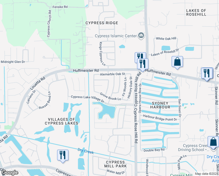 map of restaurants, bars, coffee shops, grocery stores, and more near 15334 Day Trip Trail in Cypress