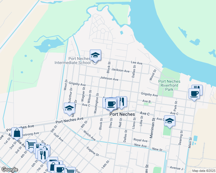 map of restaurants, bars, coffee shops, grocery stores, and more near 910 Montgomery Street in Port Neches