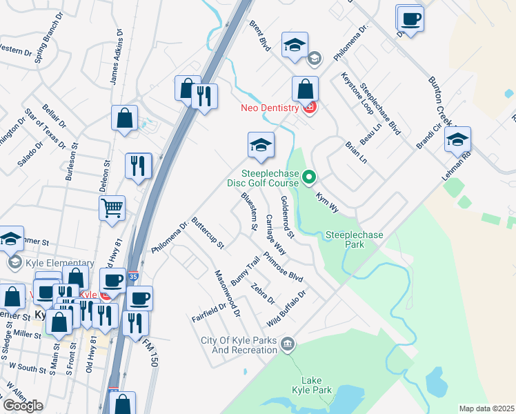 map of restaurants, bars, coffee shops, grocery stores, and more near 221 Bluestem Street in Kyle