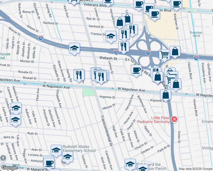 map of restaurants, bars, coffee shops, grocery stores, and more near 4916 Zenith Street in Metairie