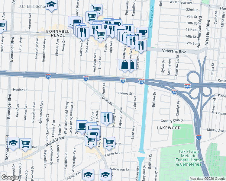 map of restaurants, bars, coffee shops, grocery stores, and more near 502 Taylor Street in Metairie