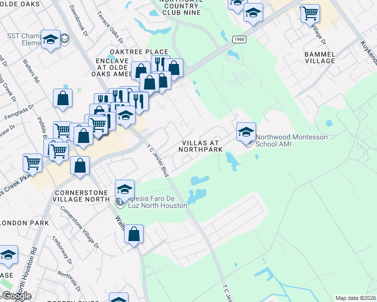 map of restaurants, bars, coffee shops, grocery stores, and more near 14351 Mirkwood Lane in Houston