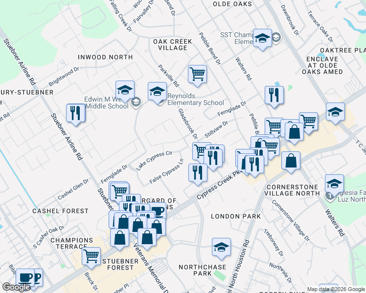 map of restaurants, bars, coffee shops, grocery stores, and more near 4014 Fernglade Drive in Houston