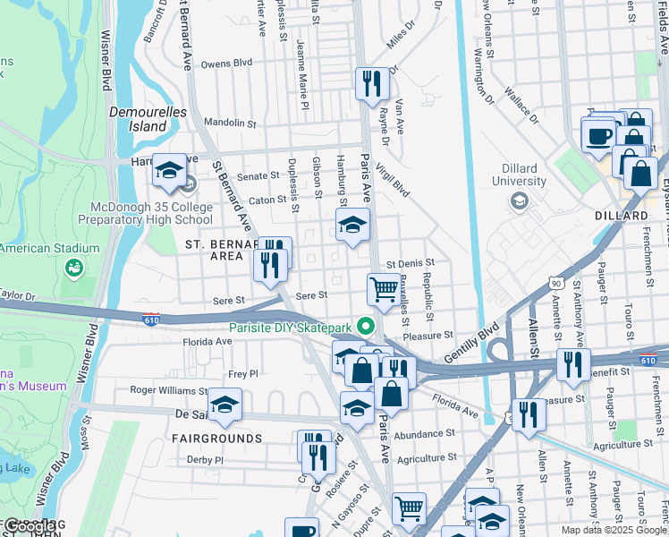 map of restaurants, bars, coffee shops, grocery stores, and more near 1521 Saint Denis Street in New Orleans