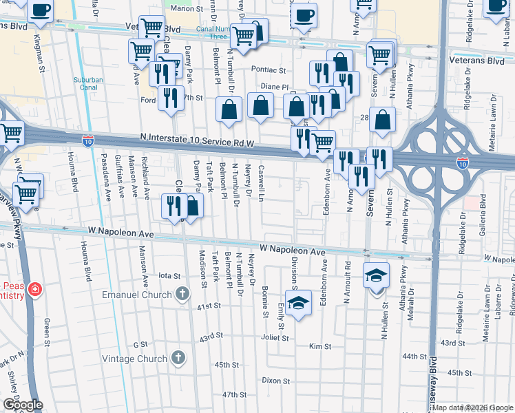 map of restaurants, bars, coffee shops, grocery stores, and more near 2412 Caswell Lane in Metairie