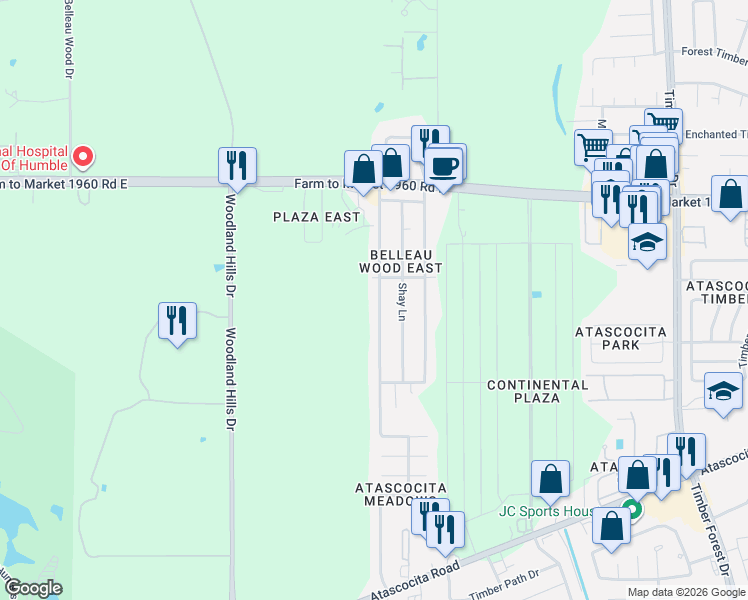 map of restaurants, bars, coffee shops, grocery stores, and more near 18919 Artesian Way in Humble
