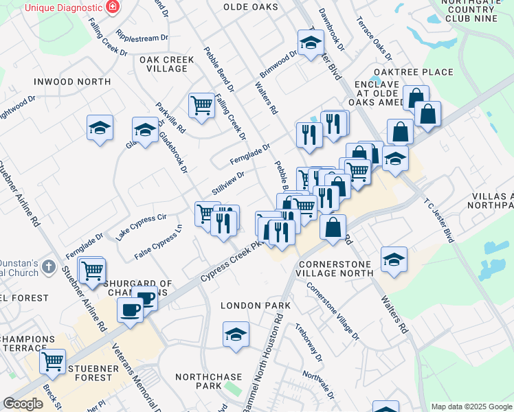 map of restaurants, bars, coffee shops, grocery stores, and more near 3815 Highpines Drive in Houston