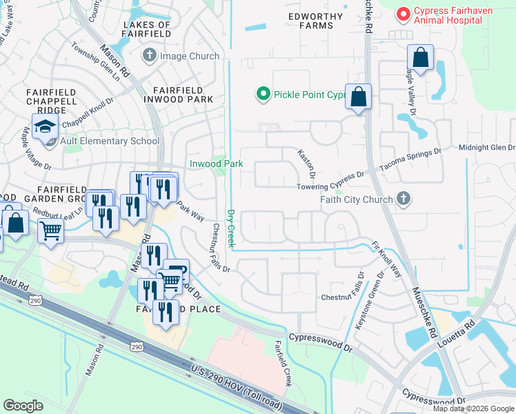 map of restaurants, bars, coffee shops, grocery stores, and more near 20359 Towering Cypress Drive in Cypress