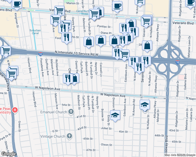 map of restaurants, bars, coffee shops, grocery stores, and more near 2215 Neyrey Drive in Metairie