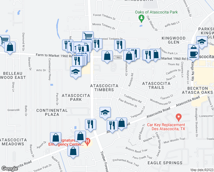 map of restaurants, bars, coffee shops, grocery stores, and more near 18814 Timbers Trace Drive in Humble