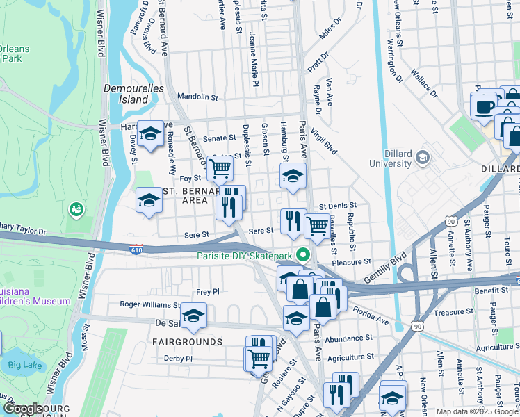 map of restaurants, bars, coffee shops, grocery stores, and more near 1463 Saint Denis Street in New Orleans
