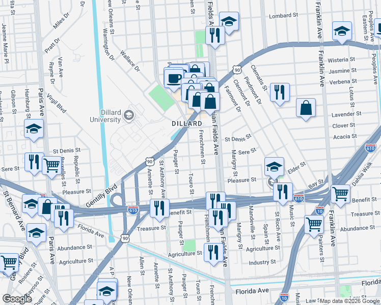 map of restaurants, bars, coffee shops, grocery stores, and more near 2078 Saint Denis Street in New Orleans