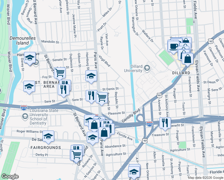 map of restaurants, bars, coffee shops, grocery stores, and more near 3719 Bruxelles Street in New Orleans