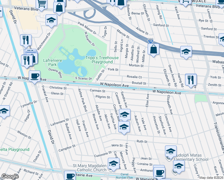 map of restaurants, bars, coffee shops, grocery stores, and more near 6412 Boutall Street in Metairie