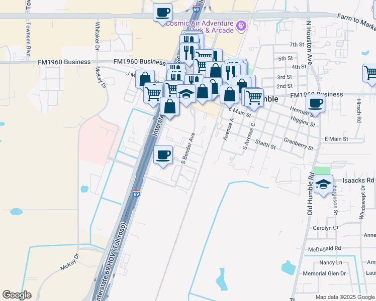 map of restaurants, bars, coffee shops, grocery stores, and more near 421 South Bender Avenue in Humble