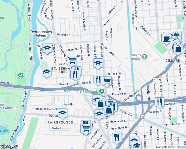 map of restaurants, bars, coffee shops, grocery stores, and more near 1521 Saint Denis Street in New Orleans