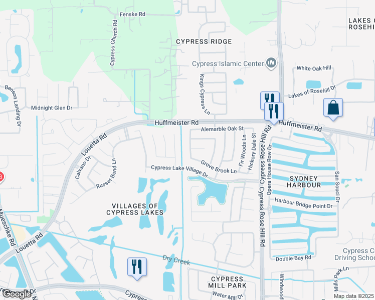 map of restaurants, bars, coffee shops, grocery stores, and more near 15411 Edison Light Trail in Cypress