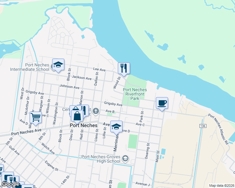 map of restaurants, bars, coffee shops, grocery stores, and more near 817 Wood St in Port Neches