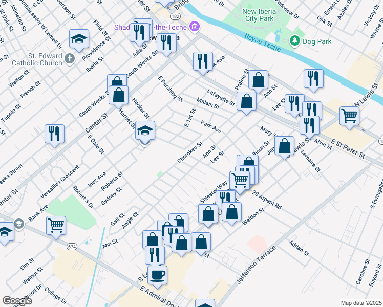 map of restaurants, bars, coffee shops, grocery stores, and more near 605 Edwin Street in New Iberia