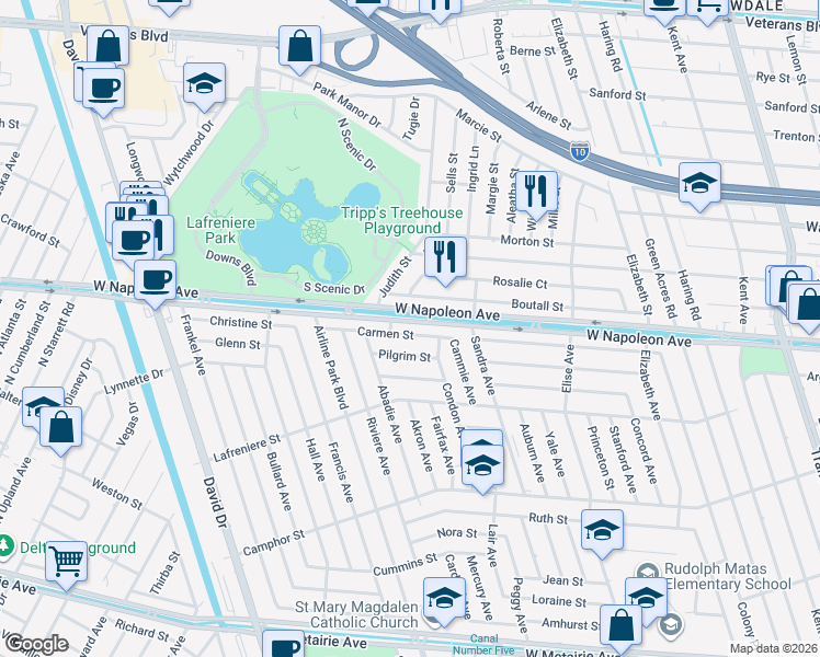 map of restaurants, bars, coffee shops, grocery stores, and more near 6412 Boutall Street in Metairie