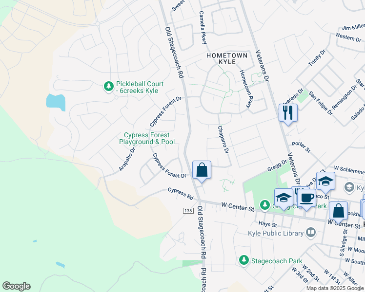 map of restaurants, bars, coffee shops, grocery stores, and more near 312 Gunnison Way in Kyle