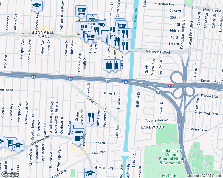 map of restaurants, bars, coffee shops, grocery stores, and more near 633 Carrollton Avenue in Metairie